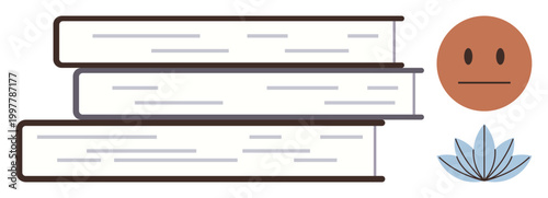 Education, mindfulness, self-improvement, emotional balance, mental health, personal growth. Stack of books, neutral face lotus flower. Education and mindfulness