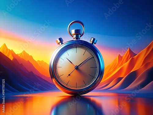 Stopwatch measuring time against colorful mountain landscape at sunset