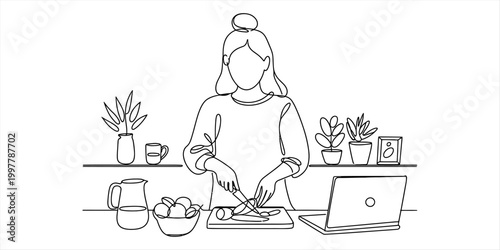 Woman cooking in the kitchen looking at a laptop to follow a healthy recipe Vector, illustration