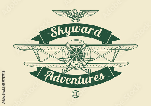 Skyward Adventures Vintage Aviation Logo with Biplane and Eagle Emblem