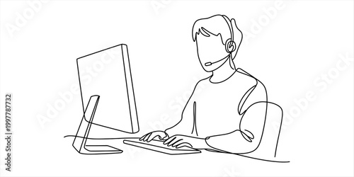 Customer support representative wearing headset working at computer desk in continuous line drawing style Vector, illustration