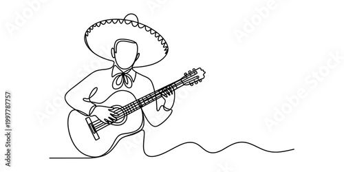 Continuous single line drawing of a mexican mariachi musician playing a guitar wearing a large sombrero hat in a traditional folk music style Vector, illustration