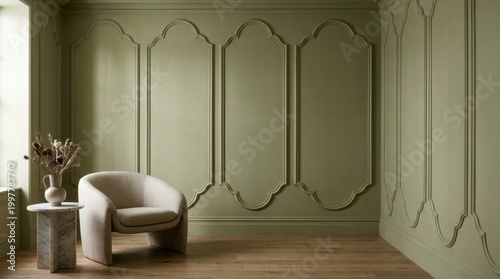 Olive green decorating walls with moulding lounge corner, ornate curved wall trim panels, rounded accent chair, marble side table, dried florals, classic artistic interior with heritage mood