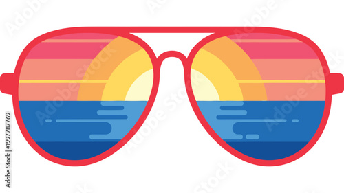 Colorful sunglasses with sunset reflected in lenses in vibrant playful lighting for summer advertising on transparent background