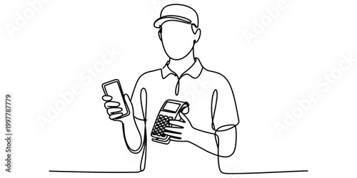 Continuous line drawing of a delivery person holding a smartphone and a payment terminal for contactless card transaction Vector, illustration