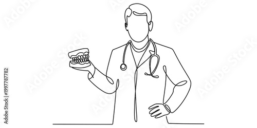Continuous one line drawing of a dentist holding a teeth model for oral health check up Vector, illustration