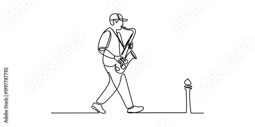 Continuous single line drawing of a man playing saxophone while walking on the street Vector, illustration