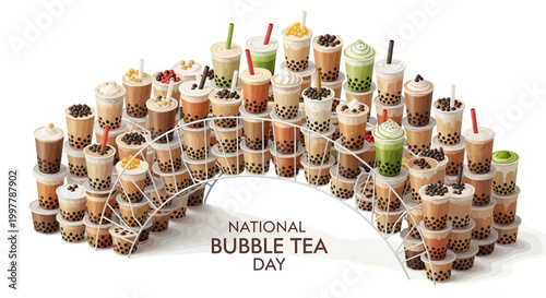 A flat lay showcases a multitude of colorful bubble tea drinks arranged on a white background, highlighting the trendy beverage concept and National Bubble Tea Day in a sweet and refreshing