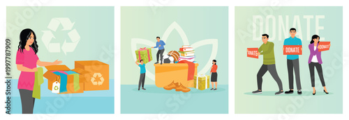 Charity Donation Concept. Men and woman smiling holding boxes. Zero waste