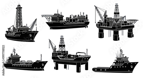 Collection of offshore oil rig vessels.