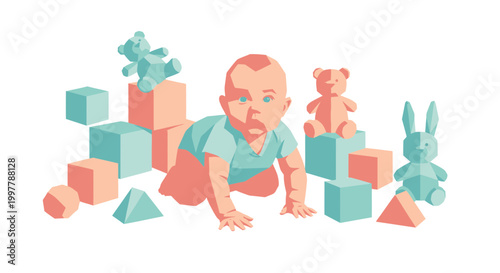 Caucasian baby crawling on floor.