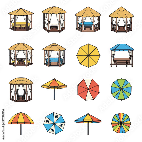 Colorful beach umbrellas and gazebos.