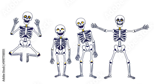 Four Smiling Cartoon Skeleton Figures Posing.