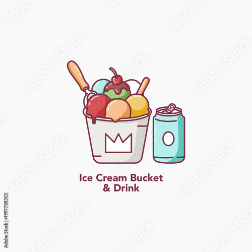 Cute ice cream bucket and drink Vector illustration