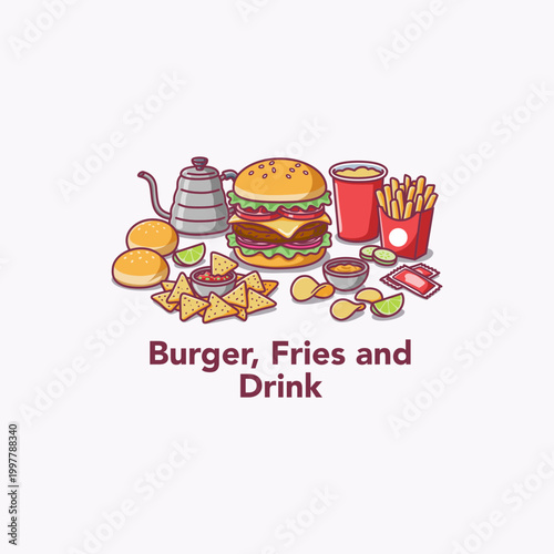 Cute burger, fries and drink set Vector illustration