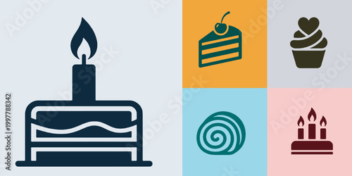 Collection of various dessert icons including cake, cupcake, and pastry, perfect for celebrations and sweet treats.