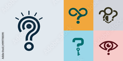 Set of creative question mark icons representing ideas, solutions, and uncertainty.