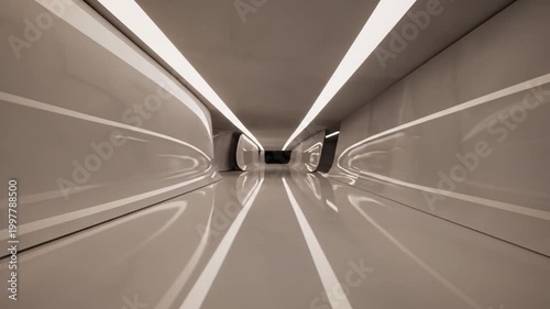Futuristic illuminated long corridor interior with shiny reflective surfaces