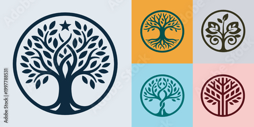 Set of tree of life logos and emblems with circular designs, representing nature, growth, and spirituality.
