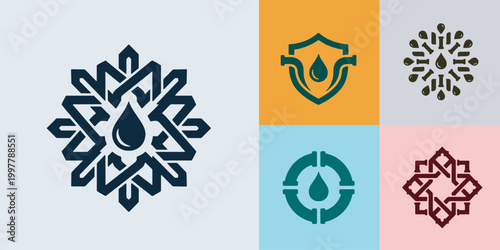 Water drop logo collection with various design elements and patterns, illustrating purity and protection concepts.