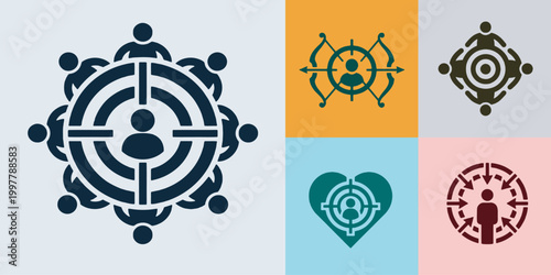 Customer focus and target audience icon set with people, heart, and archery symbols.