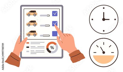 Car selection, fleet management, rental services, time tracking, performance metrics, digital tools. Hands using a tablet to select cars. Car selection and fleet management concept