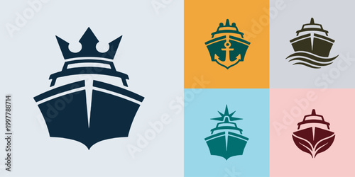 Set of various ship and boat logos and emblems, including a cruise ship with a crown, anchor, and waves, suitable for maritime businesses.