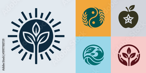 Collection of various nature and wellness-themed logos including plants, sun, yin yang, apple, and hands.