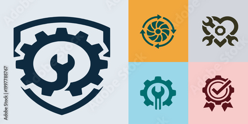 Set of repair and maintenance service vector icons, including gear, wrench, shield, and checkmark symbols.