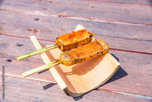 Miso Dengaku, Grilled Tofu and Konjac with Miso Glaze, traditional Japanese cuisine