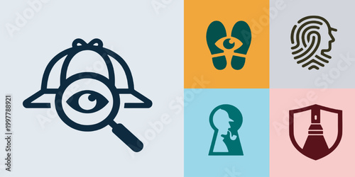 Detective and investigation icons set, including magnifying glass, footprints, fingerprint, and keyhole symbols.