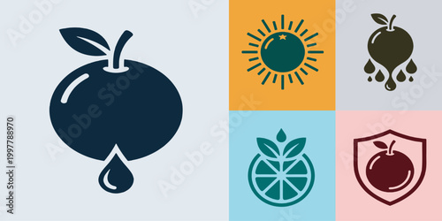 Collection of fruit juice and organic food icons, including orange, apple, and sun designs for natural products.