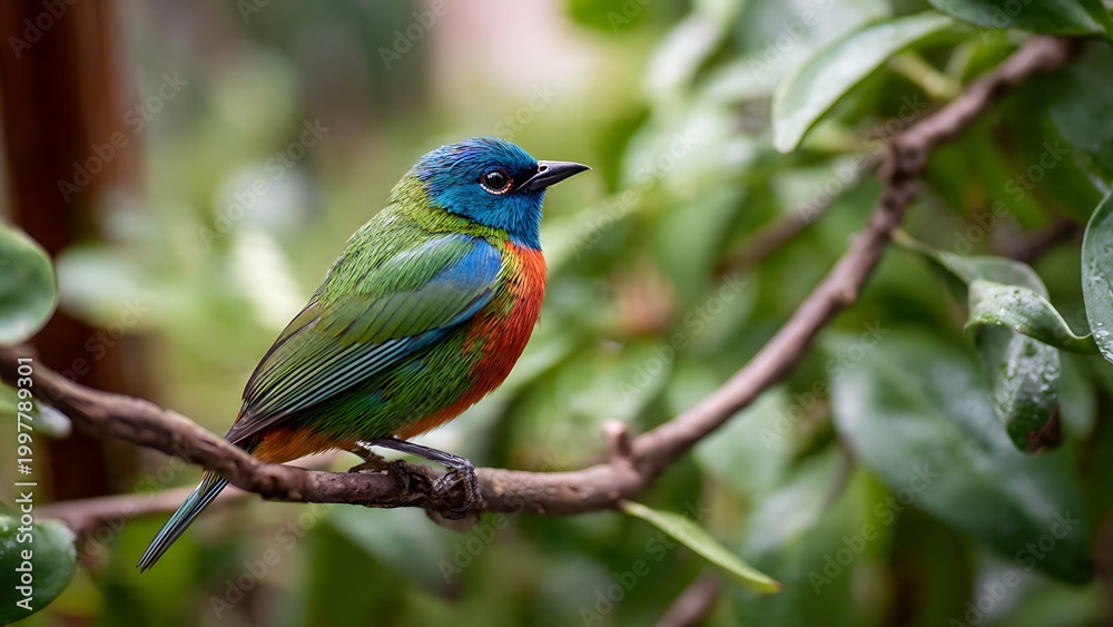 Obraz premium A vibrant bird perched on a branch in a lush Hawaii tropical environment.