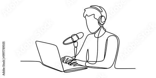 Young man with headphones and microphone working on laptop in continuous line drawing style Vector, illustration