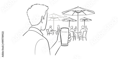 Man holding a glass of beer sitting at an outdoor cafe terrace with people under umbrellas Vector, illustration