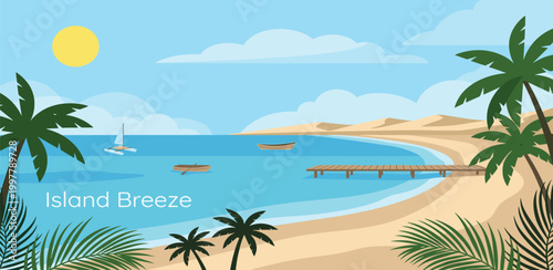 Serene Tropical Island Beach Landscape with Palm Trees, Gentle Waves, and Clear Blue Sky