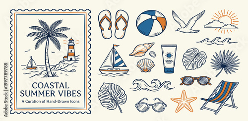 Evoking the warm spirit of beachside relaxation, this vibrant collection features hand-drawn vector icons perfect for any coastal summer themed project or design