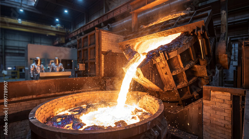 Bright molten metal pours from a tilted ladle into a refractory furnace as two workers in protective suits monitor the intense steel casting operation
