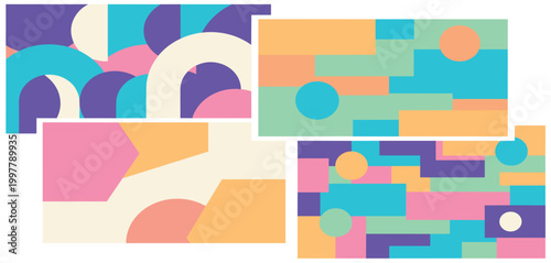 Dynamic collection of contemporary abstract geometric patterns with vibrant colors and minimalist shapes, ideal for modern backgrounds, web design, and creative projects