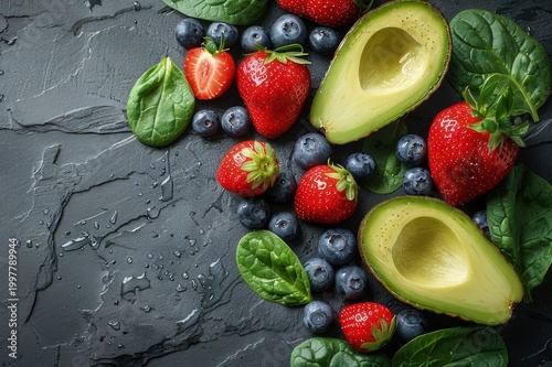 Healthy Superfood Flat Lay with Avocado Spinach and Berries