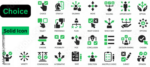 Solid vector of Choice icon set. Choice solid icon set. Contains decision, option, selection, dilemma, select, preference, quiz, opportunity and more. Vector solid icons collection.