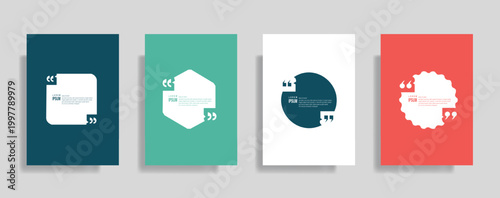 Collection of blank quote frame templates. Text in brackets, empty quote speech bubble, quotation. Text box isolated on color background. Vector illustration