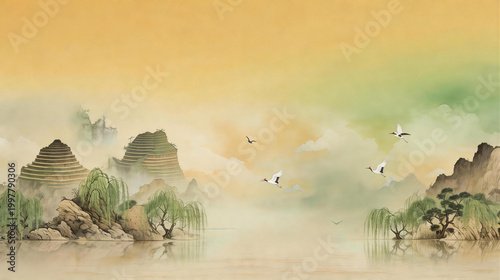 This traditional Chinese watercolor landscape features misty mountains, willow trees by the water, flying cranes, and a warm hazy sky, creating a peaceful tranquil natural scene.