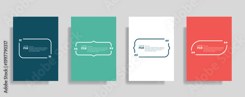 Collection of blank quote frame templates. Text in brackets, empty quote speech bubble, quotation. Text box isolated on color background. Vector illustration