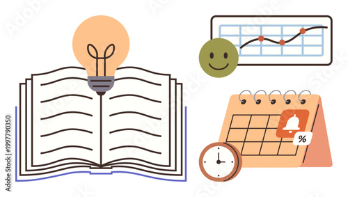 Education, productivity planning, time management, goal setting, innovation, progress tracking. Open book with a lightbulb, growth chart calendar with notification icon clock. Education