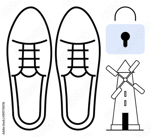 Fashion, footwear design, security, renewable energy, traditional aesthetics, minimalism. Black and white line art of shoes, a lock and a windmill. Fashion and security concept