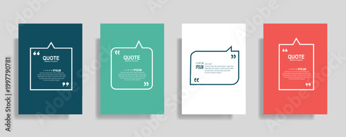 Collection of blank quote frame templates. Text in brackets, empty quote speech bubble, quotation. Text box isolated on color background. Vector illustration