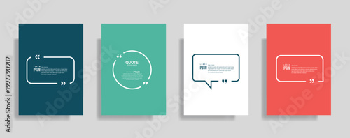 Collection of blank quote frame templates. Text in brackets, empty quote speech bubble, quotation. Text box isolated on color background. Vector illustration