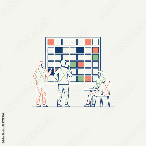 Team Planning Session Around Colorful Kanban Board.