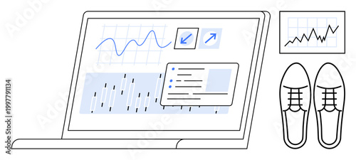 Data analytics, business growth, market research, sales trends, e-commerce, performance tracking. A laptop with charts, analytics and formal shoes. Data analytics and business growth